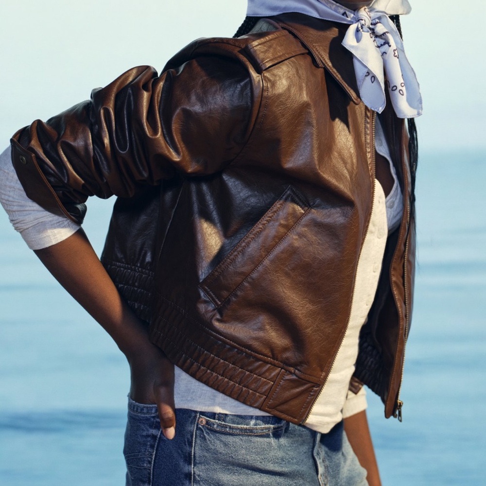 American eagle cropped faux leather bomber jacket S